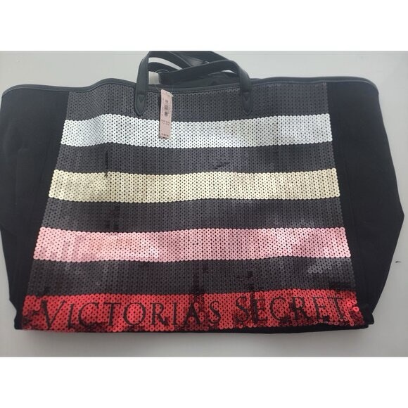 Nwt VICTORIA'S SECRET STRIPED SEQUIN BLACK PINK RED LOGO TOTE - Picture 3 of 13